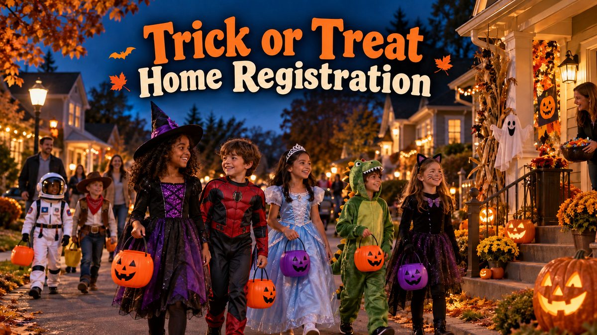 Trick-or-Treat Map 2026 in Bryan Crossing: costumed children walking a decorated neighborhood street at dusk with candy buckets